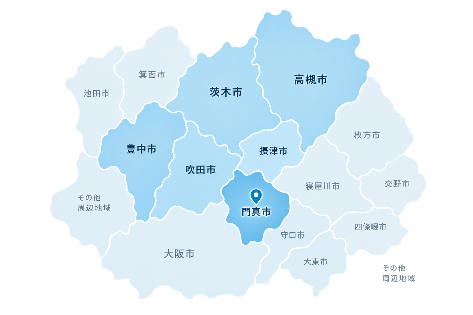 豊中市・吹田市・摂津市・茨木市・高槻市と周辺地域の対応エリアマップ